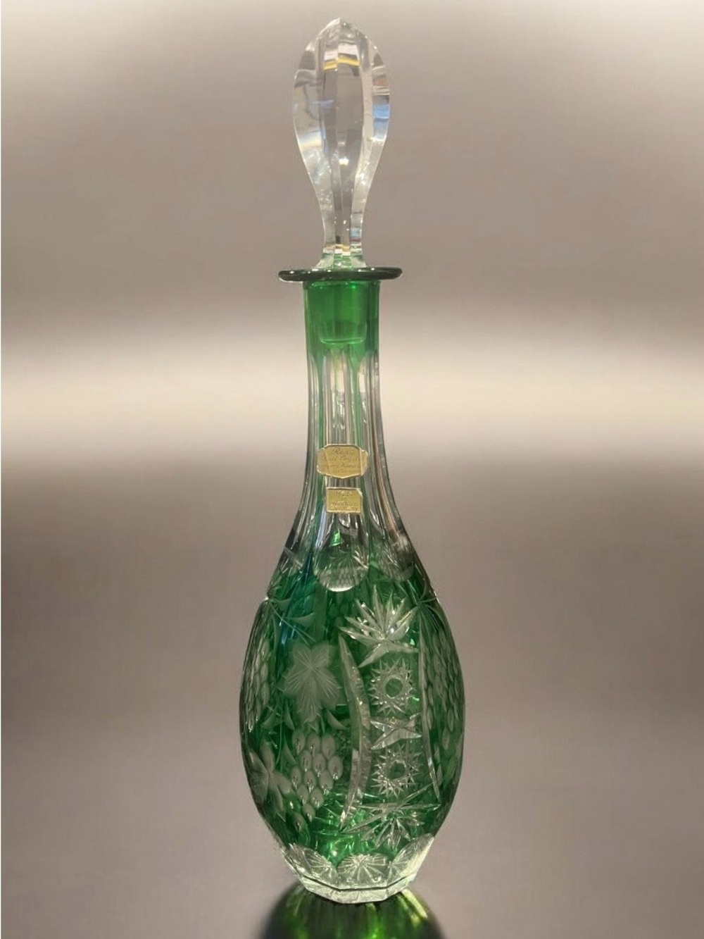 Vintage 1950s Emerald green cut lead crystal decanter with stopper by Nachtmann.